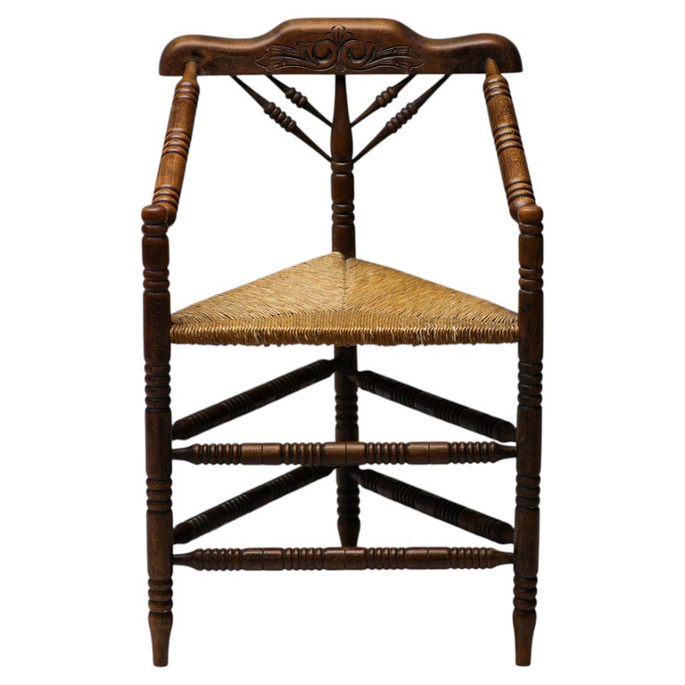 Rustic Turned Oak Armchair with Hand-Woven Rush Seat