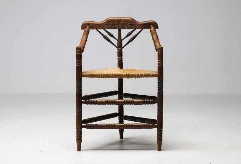 Rustic Turned Oak Armchair with Hand-Woven Rush Seat - Image 11