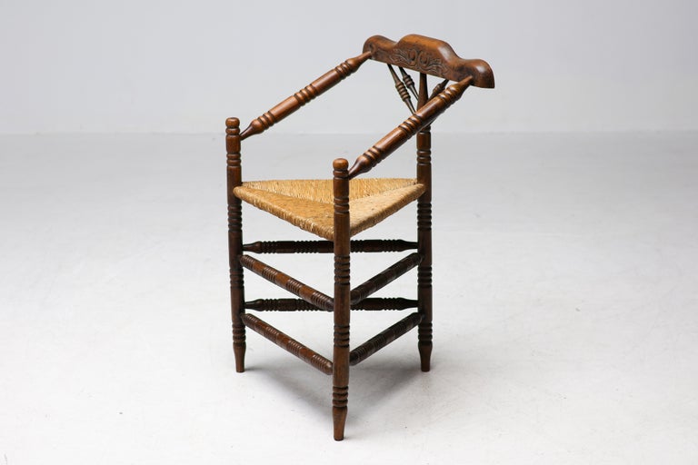 Rustic Turned Oak Armchair with Hand-Woven Rush Seat - Image 3