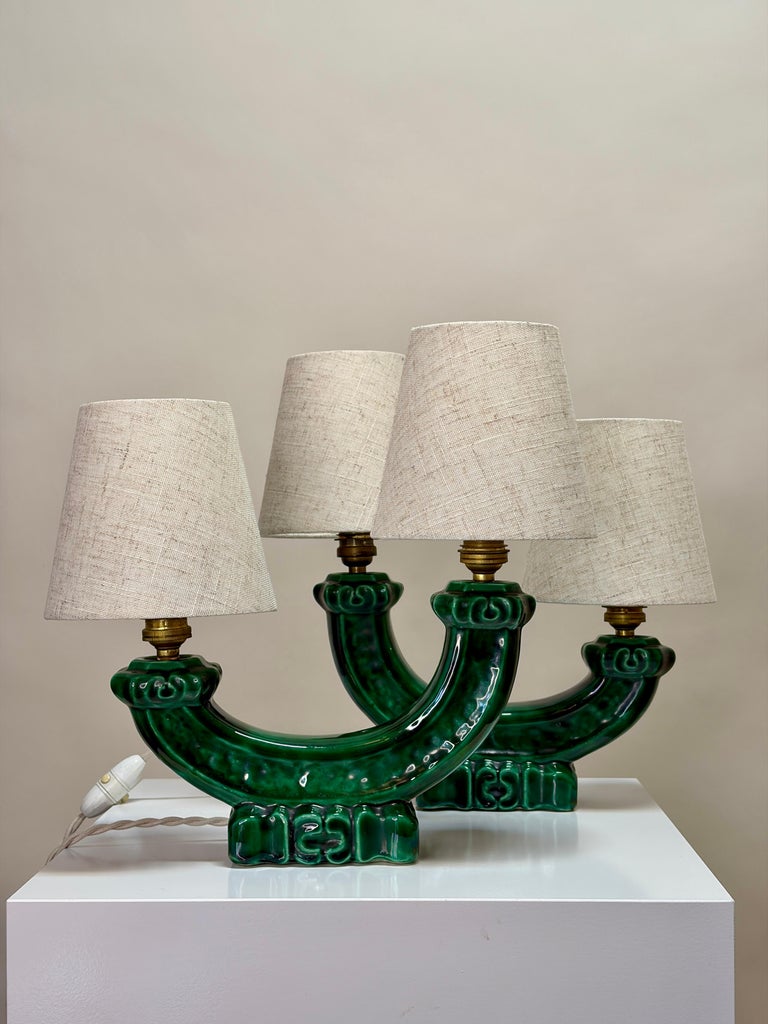 Pair of Santiago Rodríguez Bonome Table Lamps, Green Ceramic, France, 1950s - Image 3