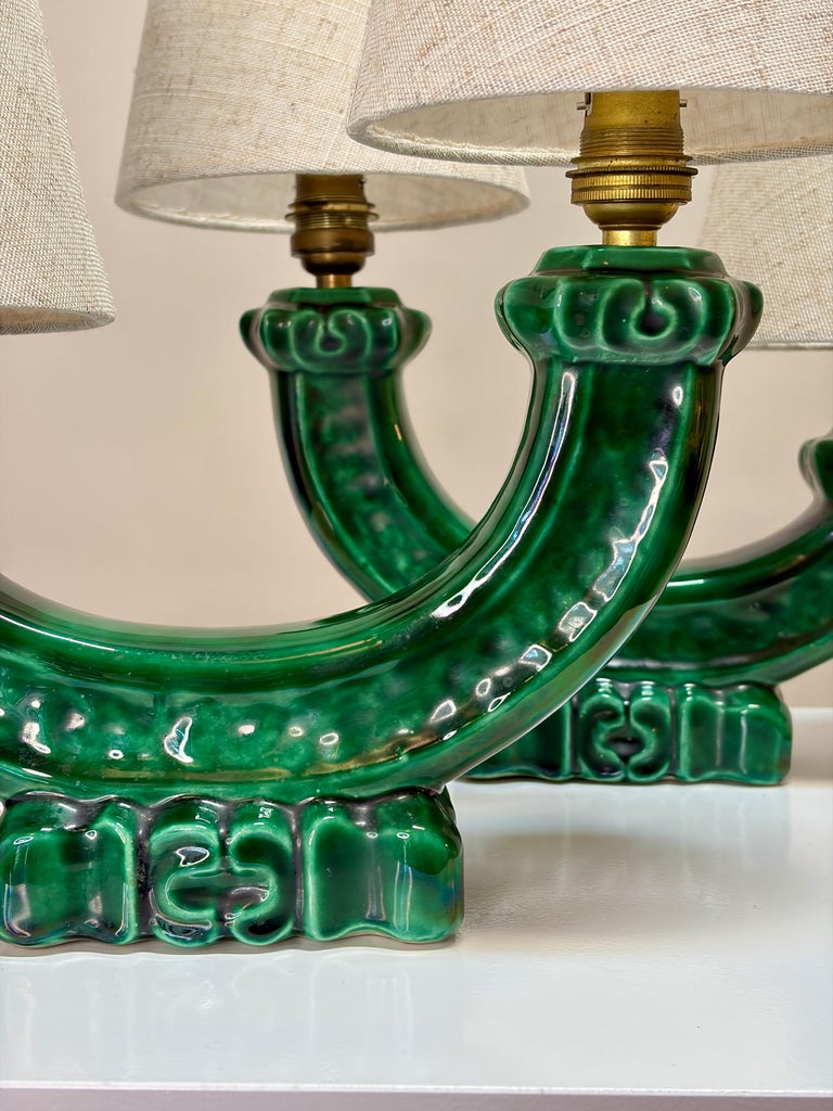 Pair of Santiago Rodríguez Bonome Table Lamps, Green Ceramic, France, 1950s - Image 4