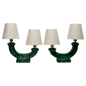 Pair of Santiago Rodríguez Bonome Table Lamps, Green Ceramic, France, 1950s