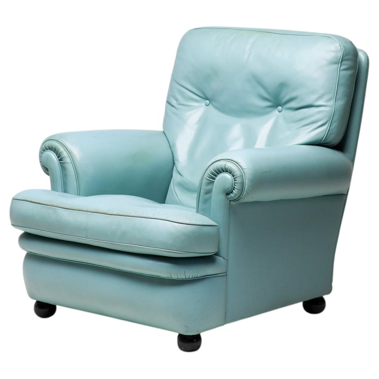 Poltrona Frau “Dream B” Lounge Chair, Turquoise Pelle Frau Leather, Italy, 1978