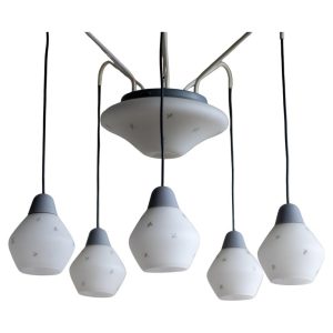 Italian Grey Enameled Brass Chandelier with Frosted Glass Pendants, circa 1960