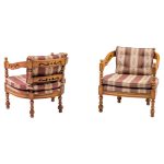 Pair of Giorgetti “1975 Gallery” Armchairs in Carved Wood, Original Upholstery