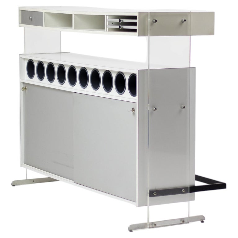 Poul Nørreklit Dry Bar in White & Silver Laminate with Plexiglass Supports, 1966