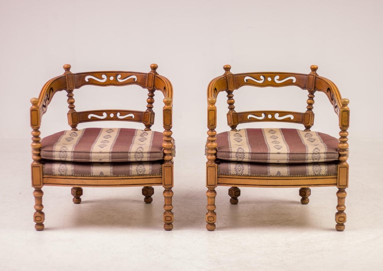 Pair of Giorgetti “1975 Gallery” Armchairs in Carved Wood, Original Upholstery - Image 4
