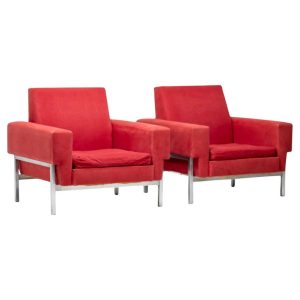 Red Saporiti Kiushu Armchairs Distinctive Italian Mid Century Modern Design