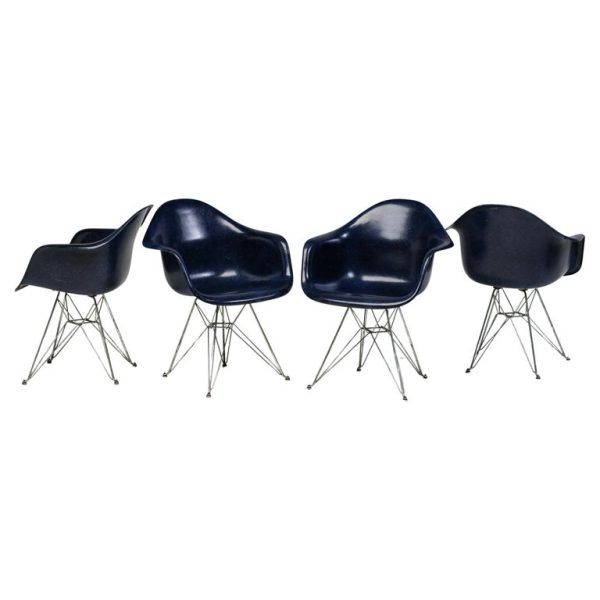 Set of 4 Indigo Herman Miller Eames Fiberglass DAR Chairs, Zinc Eiffel Base