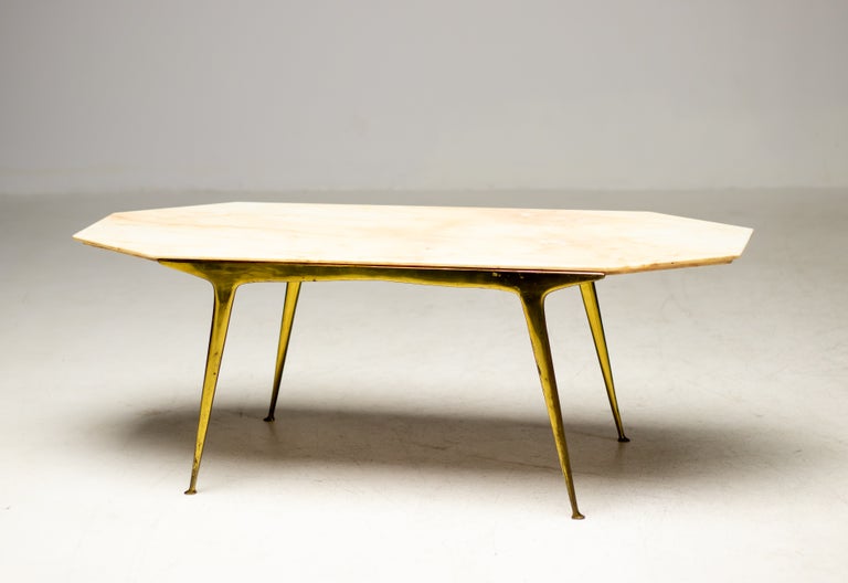 Carlo Di Carli Elegant Italian Coffee Table with Brass Base and Marble Top, 1950 - Image 8