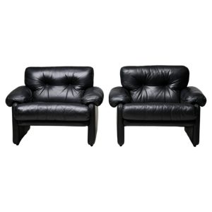 Pair of Coronado Arm Chairs Black Leather by Tobia Scarpa for B&B Italia, 1976