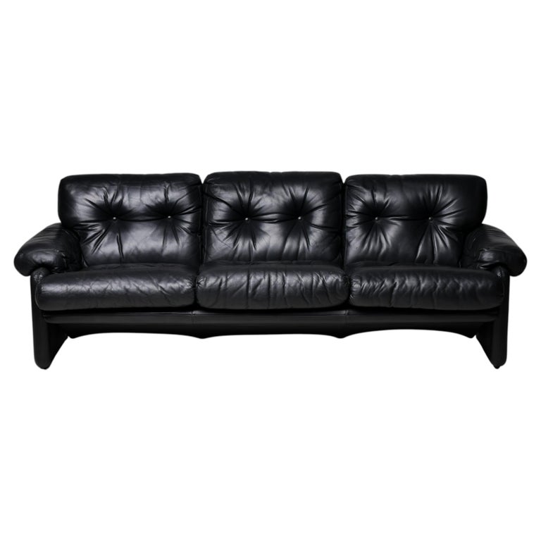 Coronado 3- Seater Sofa in Black Leather by Tobia Scarpa for B&B Italia, 1976
