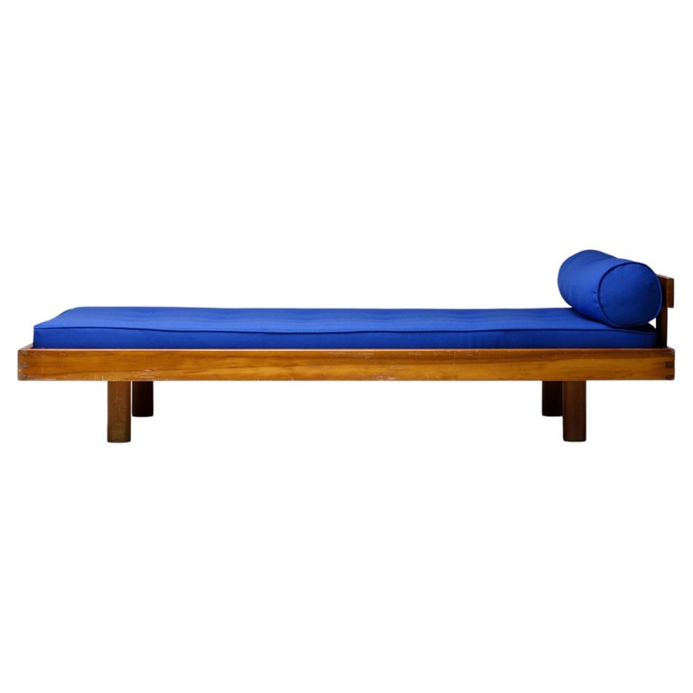 Pierre Chapo’s “T22” Daybed – Sculptural Elm, in Bleu Marcoule Wool