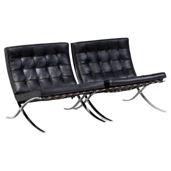 Matching Pair of Black Leather Mies van der Rohe for Knoll Barcelona Chairs