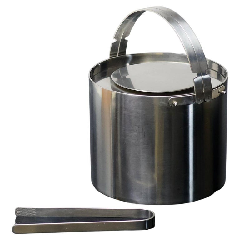 Cylinda Stainless Steel Ice Bucket with Tongs by Arne Jacobsen for Stelton, 1970