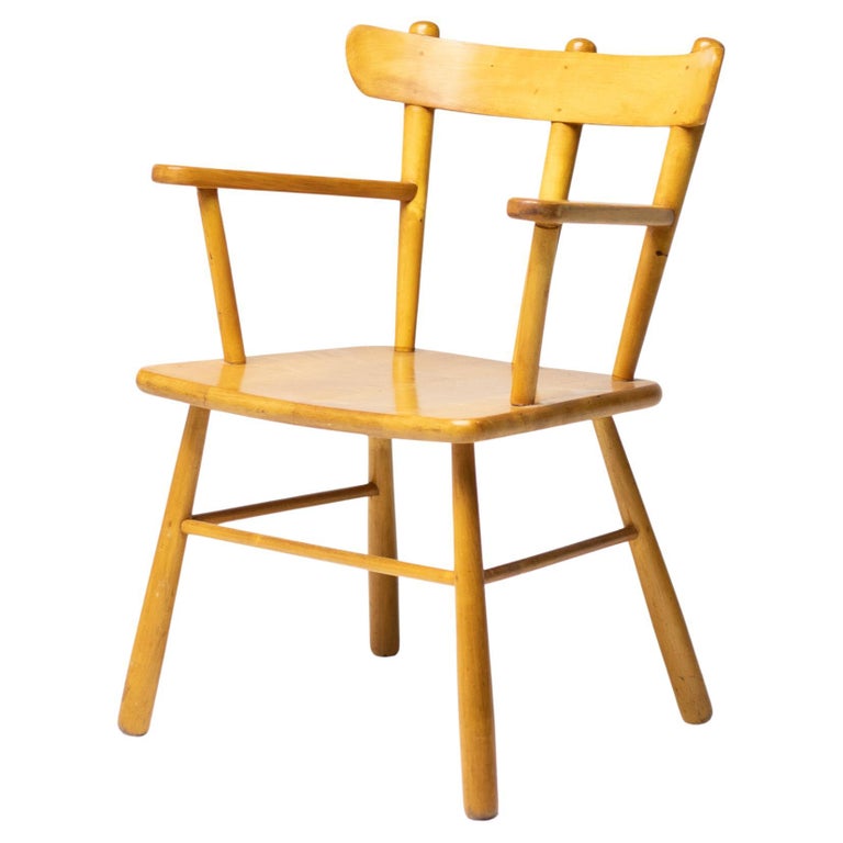 Danish Organic Arm Chair in Solid Birch, Curved Back, 1950s Design