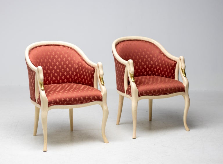 Trüggelmann Swan-Neck Armchair — Marble-Painted & Gilt Frame, Poppy Red Damask - Image 3