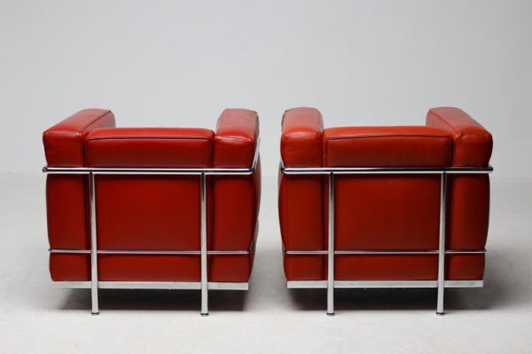 Pair of Oxblood Leather 'LC2' Arm Chairs by Le Corbusier for Cassina, Signed - Image 9