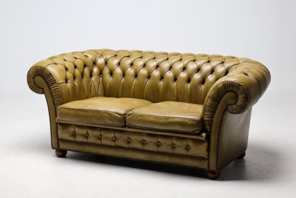 Vintage Mid Century Seafoam Green Leather Chesterfield Sofa - Image 2