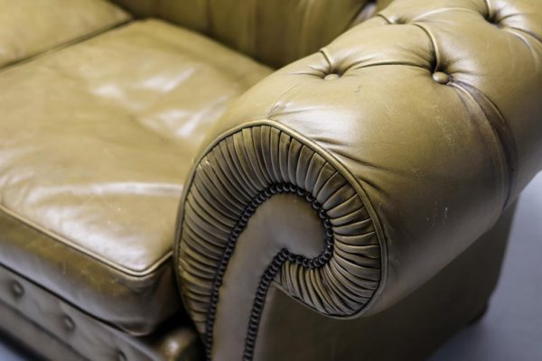 Vintage Mid Century Seafoam Green Leather Chesterfield Sofa - Image 9