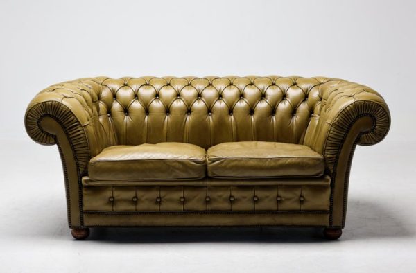 Vintage Mid Century Seafoam Green Leather Chesterfield Sofa - Image 13