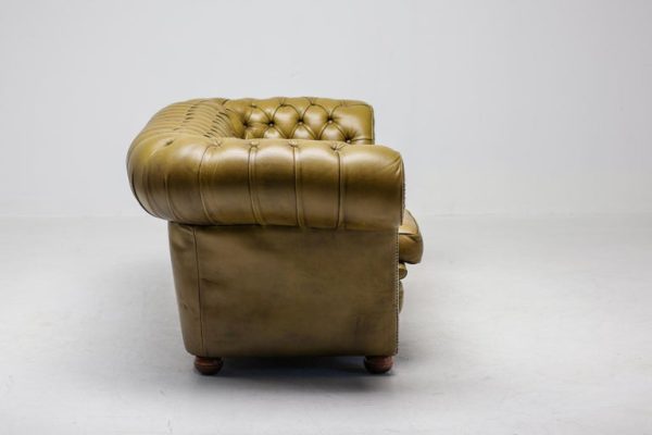 Vintage Mid Century Seafoam Green Leather Chesterfield Sofa - Image 7