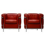 Pair of Oxblood Leather 'LC2' Arm Chairs by Le Corbusier for Cassina, Signed