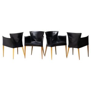 Set of Four Vela Black Leather Armchairs by Carlo Bartoli, Italy, 1990s