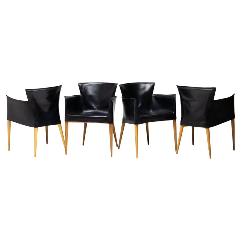 Set of Four Vela Black Leather Armchairs by Carlo Bartoli, Italy, 1990s
