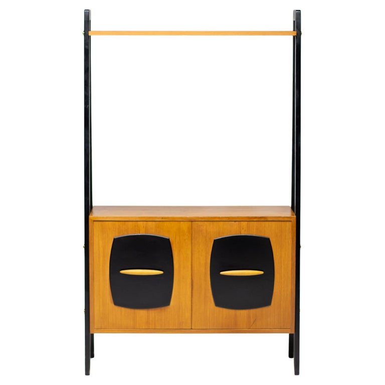 1950s Italian Teak and Black-Lacquered Room Divider with Diamond-Patterned Doors