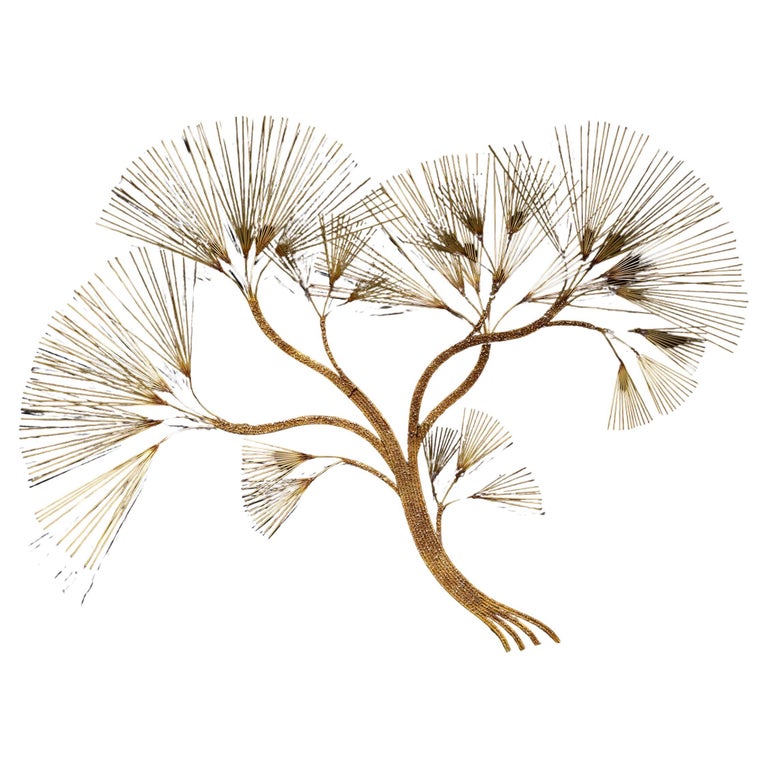 Large Mid-Century Modern Curtis Jeré Brutalist Brass Tree Needle Wall Sculpture