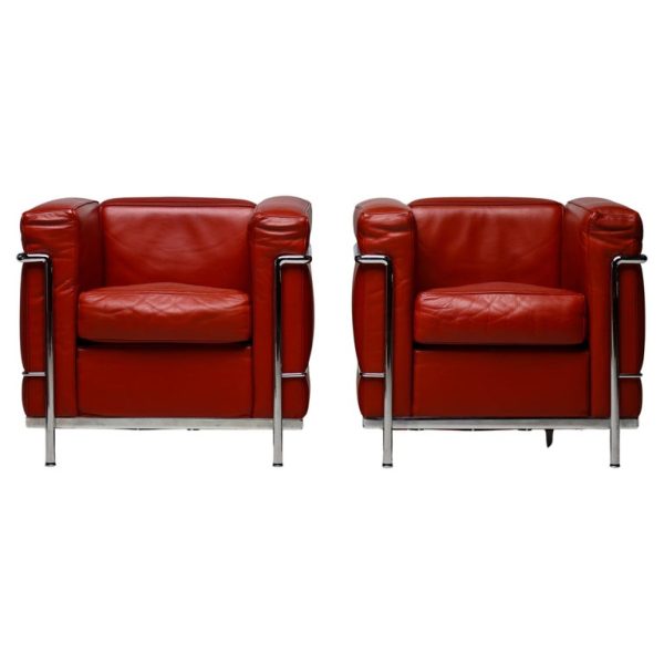 Pair of Oxblood Leather 'LC2' Arm Chairs by Le Corbusier for Cassina, Signed