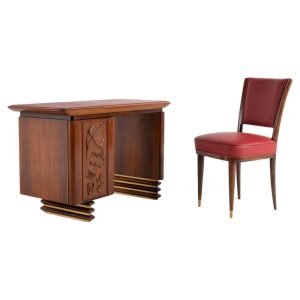 Italian Walnut Desk with Carved Stationary Motifs and Matching Chair, 1960