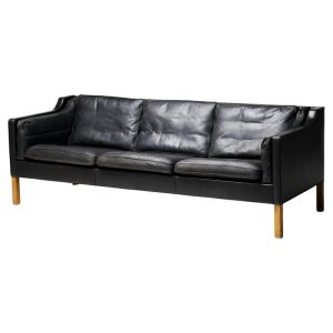 Black Leather Børge Mogensen 3-Seater Sofa Model 2213, Fredericia, Denmark 1968
