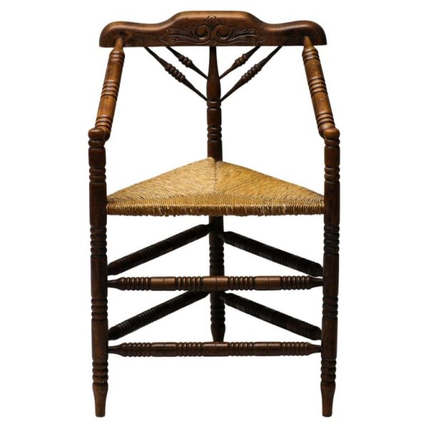 Mid 19th Century Antique Wooden Spindle Chair With Rush Seat