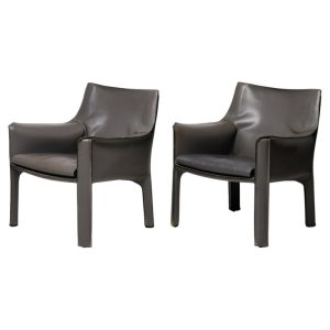 Matching Pair of Elephant Hide Grey Cassina Cab 414 Lounge Chairs, Mario Bellini