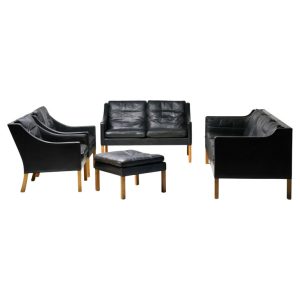 Black Leather Børge Mogensen 2208 Living Room Set, Fredericia, Denmark 1968