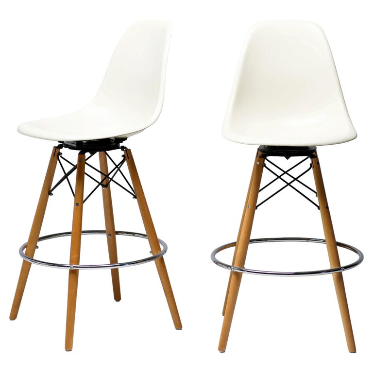Pair of Herman Miller White Fiberglass Charles & Ray Eames "PSW" Barstools