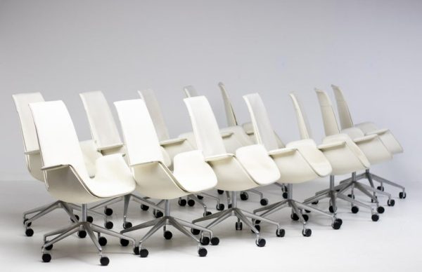 Nine White Leather High Back Bird Chairs on Wheels by Fabricius & Kastholm - Image 12