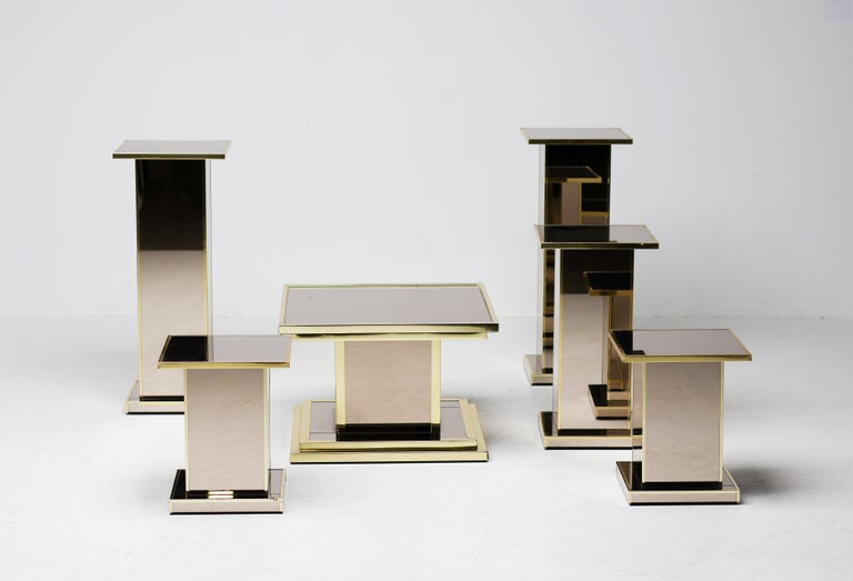 Set of Six Smoked Mirror Glass and Brass Pedestals, 1970s France - Image 3