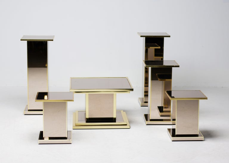 Set of Six Smoked Mirror Glass and Brass Pedestals, 1970s France - Image 5