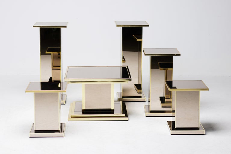 Set of Six Smoked Mirror Glass and Brass Pedestals, 1970s France - Image 6