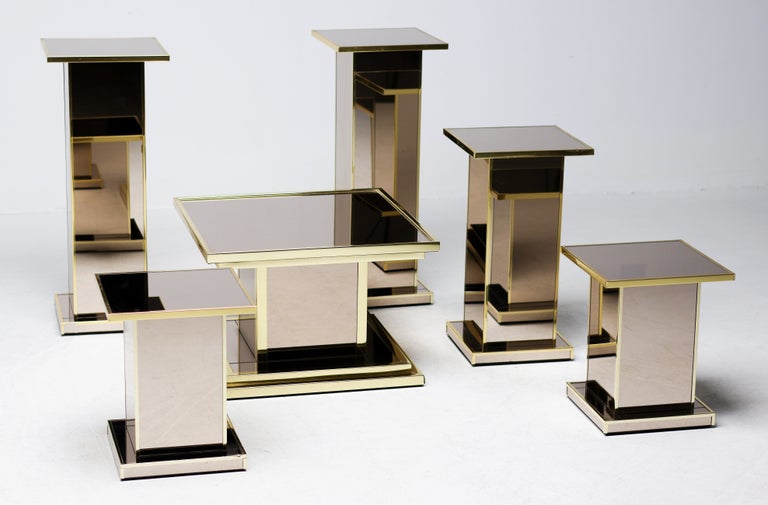 Set of Six Smoked Mirror Glass and Brass Pedestals, 1970s France - Image 12
