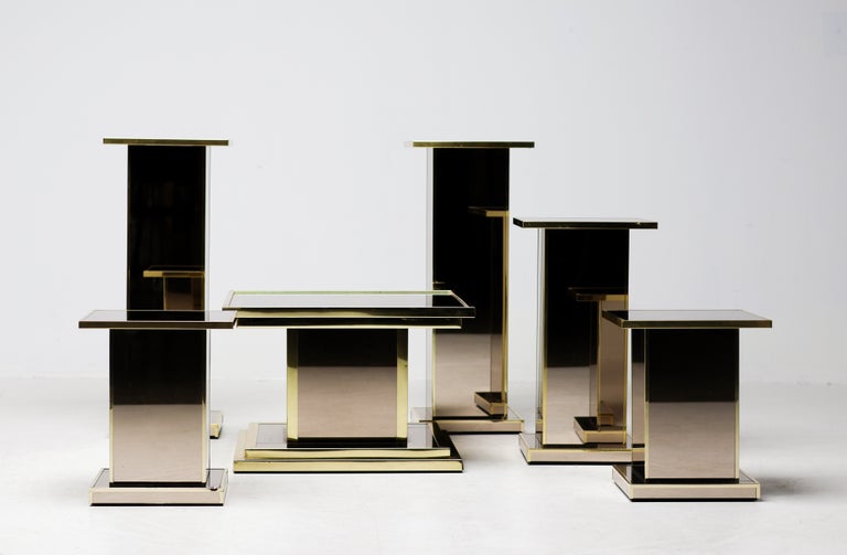 Set of Six Smoked Mirror Glass and Brass Pedestals, 1970s France - Image 8