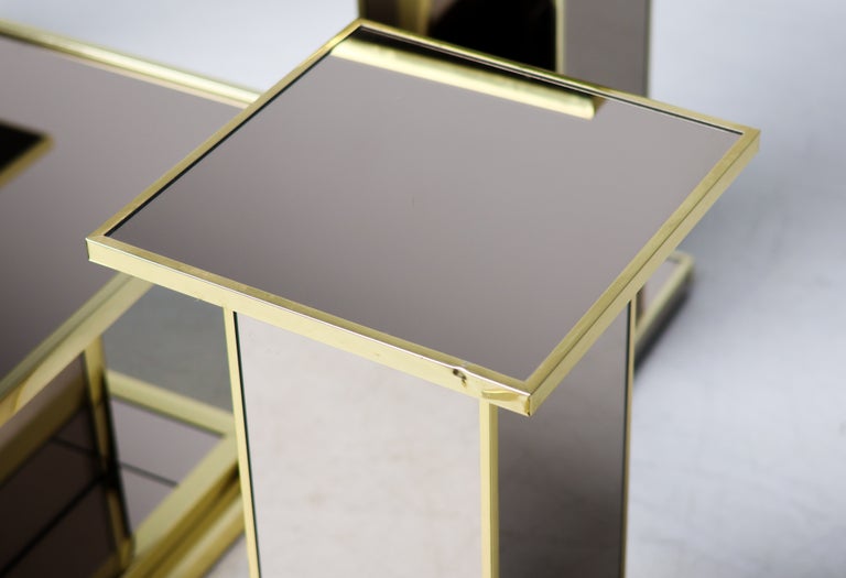 Set of Six Smoked Mirror Glass and Brass Pedestals, 1970s France - Image 4