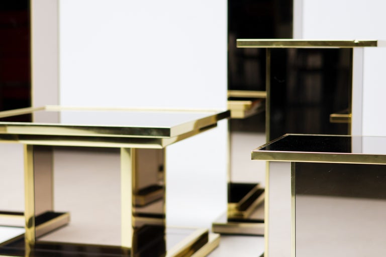 Set of Six Smoked Mirror Glass and Brass Pedestals, 1970s France - Image 7