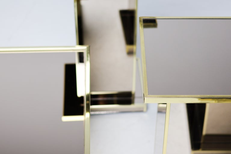 Set of Six Smoked Mirror Glass and Brass Pedestals, 1970s France - Image 11