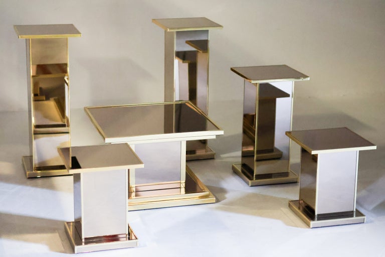 Set of Six Smoked Mirror Glass and Brass Pedestals, 1970s France - Image 10