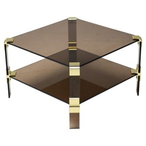 Hollywood Regency Brass & Smoked Glass Coffee Table chique two tier end table