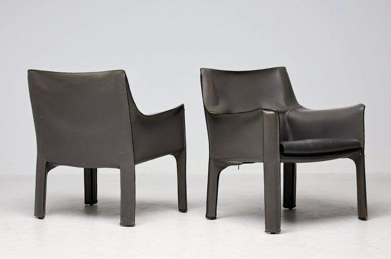 Pair of Early Elephant Hide Grey Cassina Cab 414 Lounge Chairs by Mario Bellini - Image 11